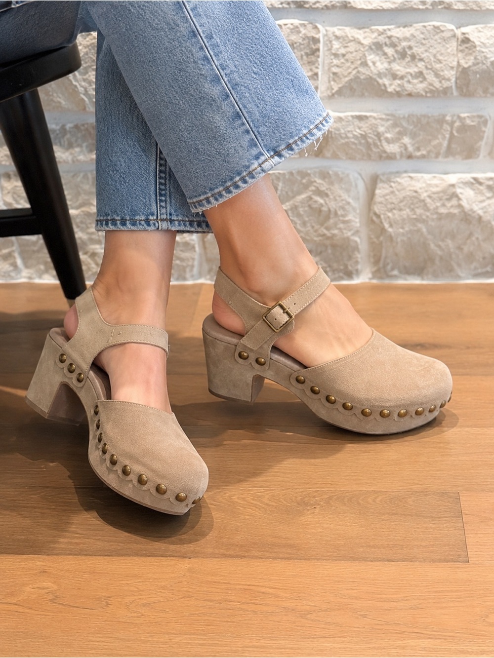 Beige Suede Studded Mary Jane Heels - Women